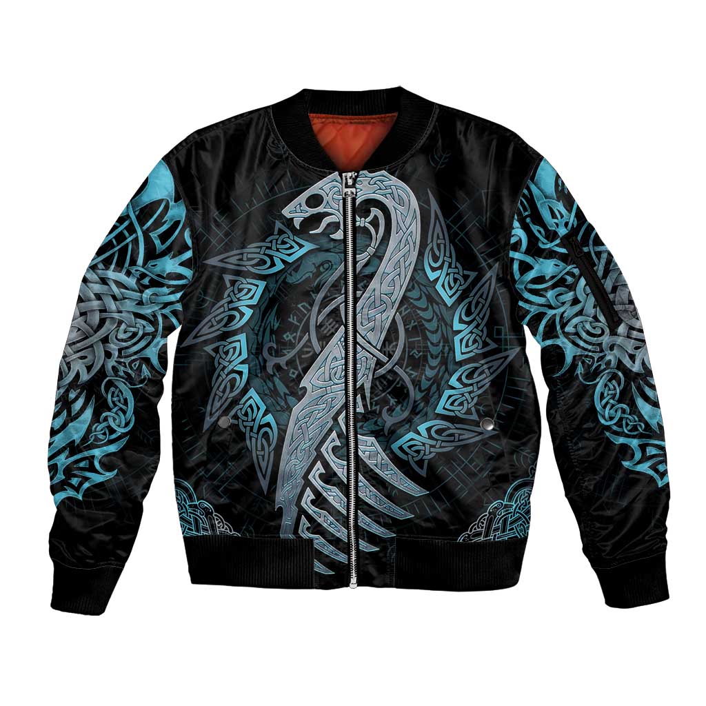 Dragon Viking With Runes Sleeve Zip Bomber Jacket Blue Black - Wonder Print Shop