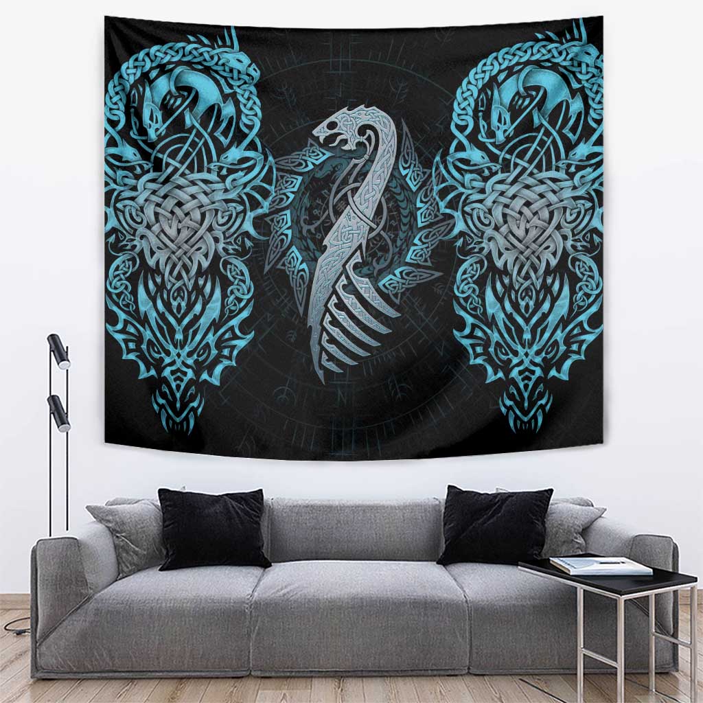 Dragon Viking With Runes Tapestry Blue Black - Wonder Print Shop