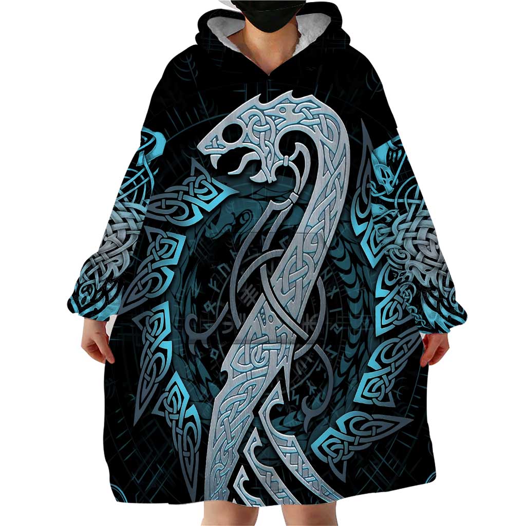Dragon Viking With Runes Wearable Blanket Hoodie Blue Black - Wonder Print Shop