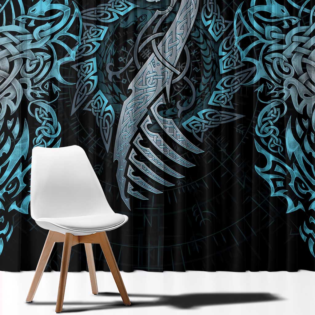 Dragon Viking With Runes Window Curtain Blue Black - Wonder Print Shop