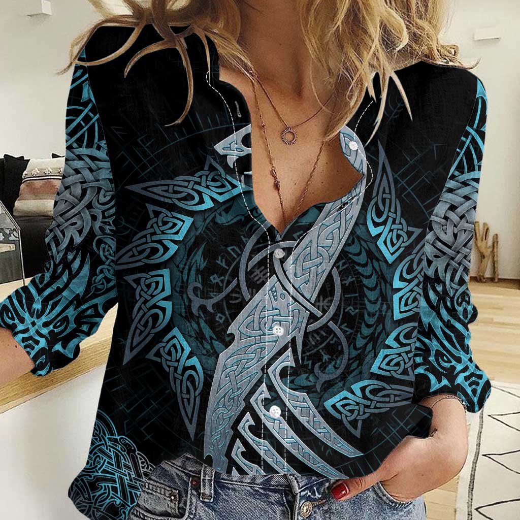Dragon Viking With Runes Women Casual Shirt Blue Black - Wonder Print Shop