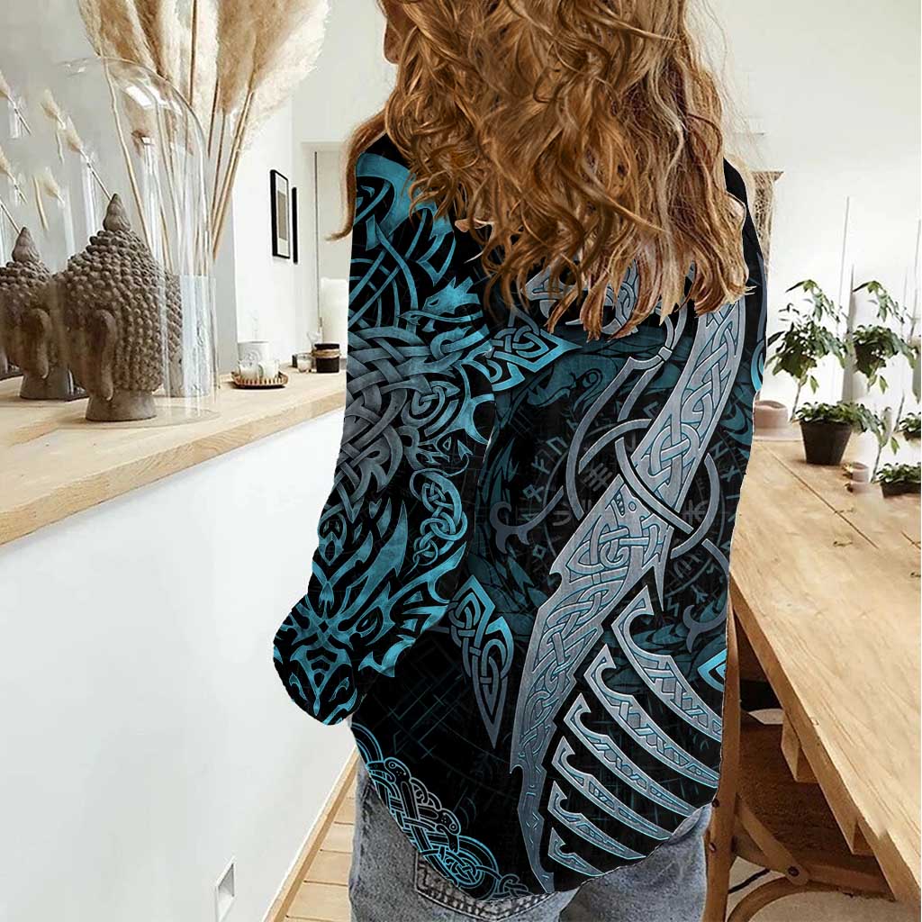 Dragon Viking With Runes Women Casual Shirt Blue Black - Wonder Print Shop