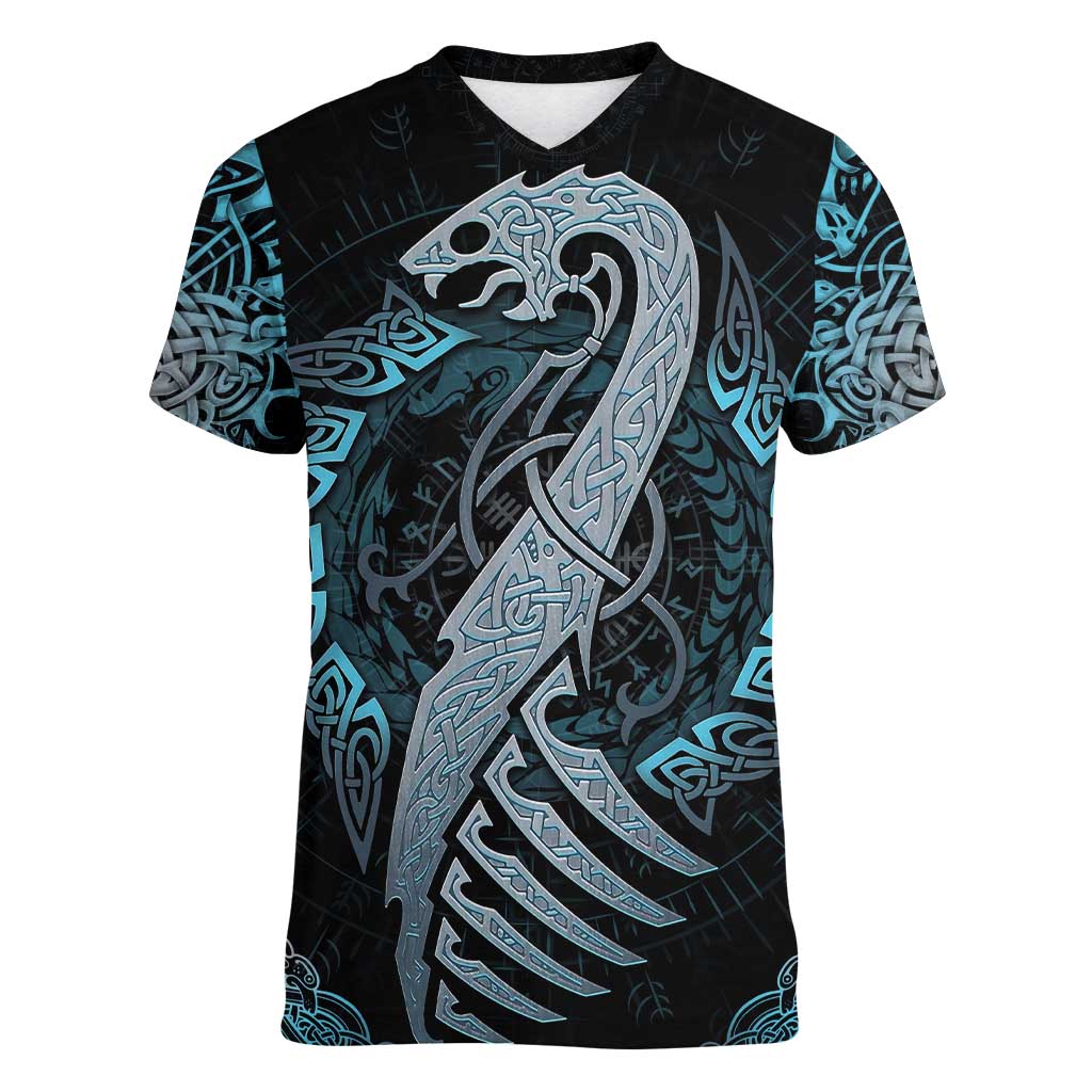 Dragon Viking With Runes Women V-Neck T-Shirt Blue Black - Wonder Print Shop