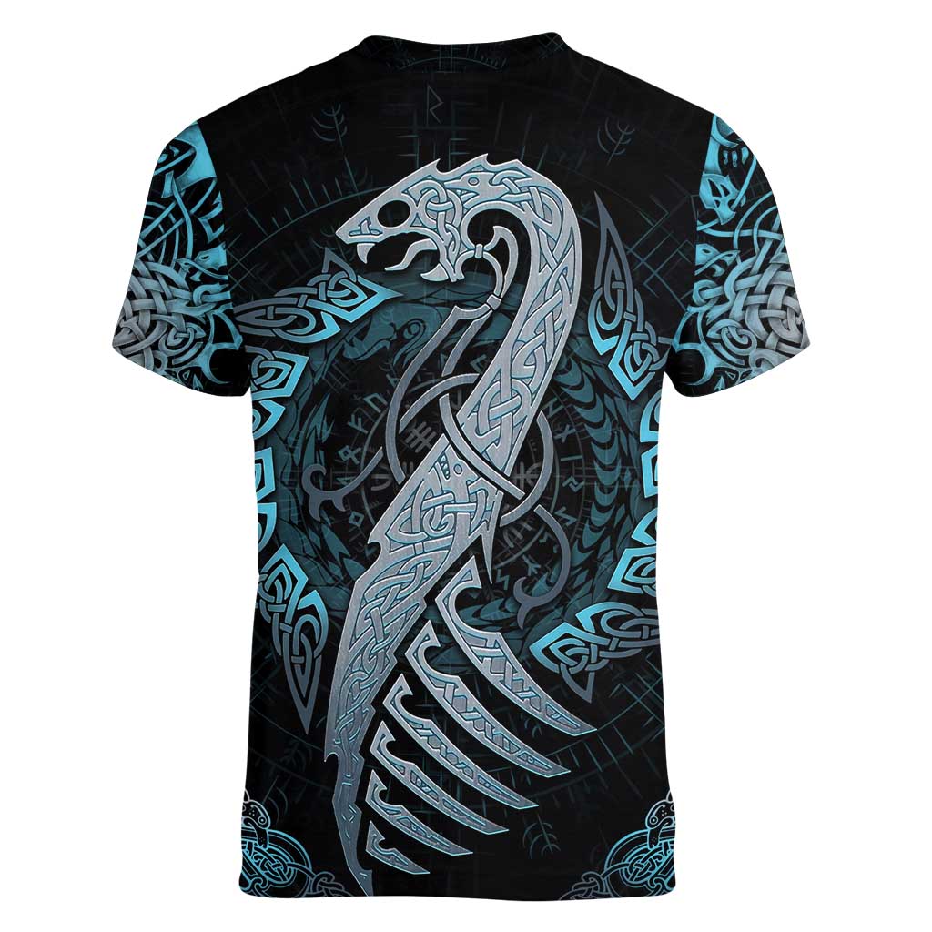 Dragon Viking With Runes Women V-Neck T-Shirt Blue Black - Wonder Print Shop
