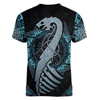 Dragon Viking With Runes Women V-Neck T-Shirt Blue Black - Wonder Print Shop