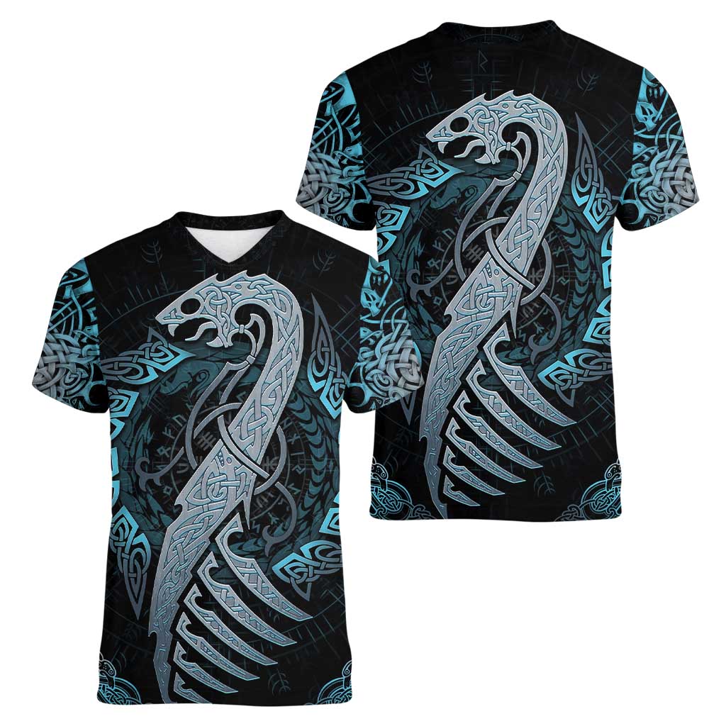 Dragon Viking With Runes Women V-Neck T-Shirt Blue Black - Wonder Print Shop