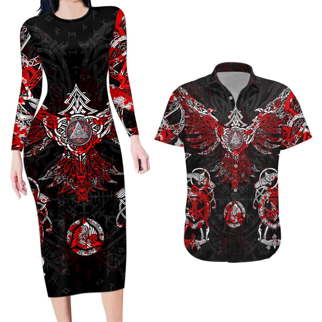 Raven And Norse Runes Couples Matching Long Sleeve Bodycon Dress and Hawaiian Shirt Viking - Wonder Print Shop