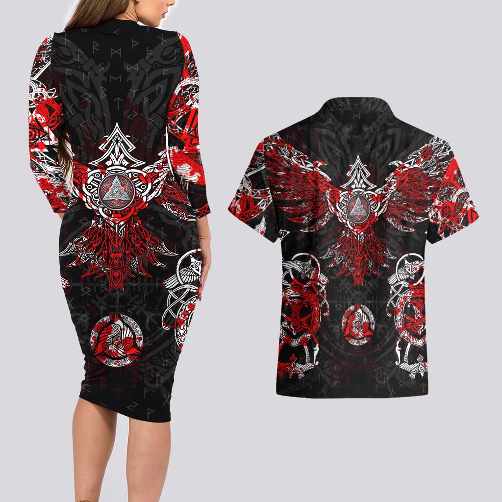 Raven And Norse Runes Couples Matching Long Sleeve Bodycon Dress and Hawaiian Shirt Viking - Wonder Print Shop