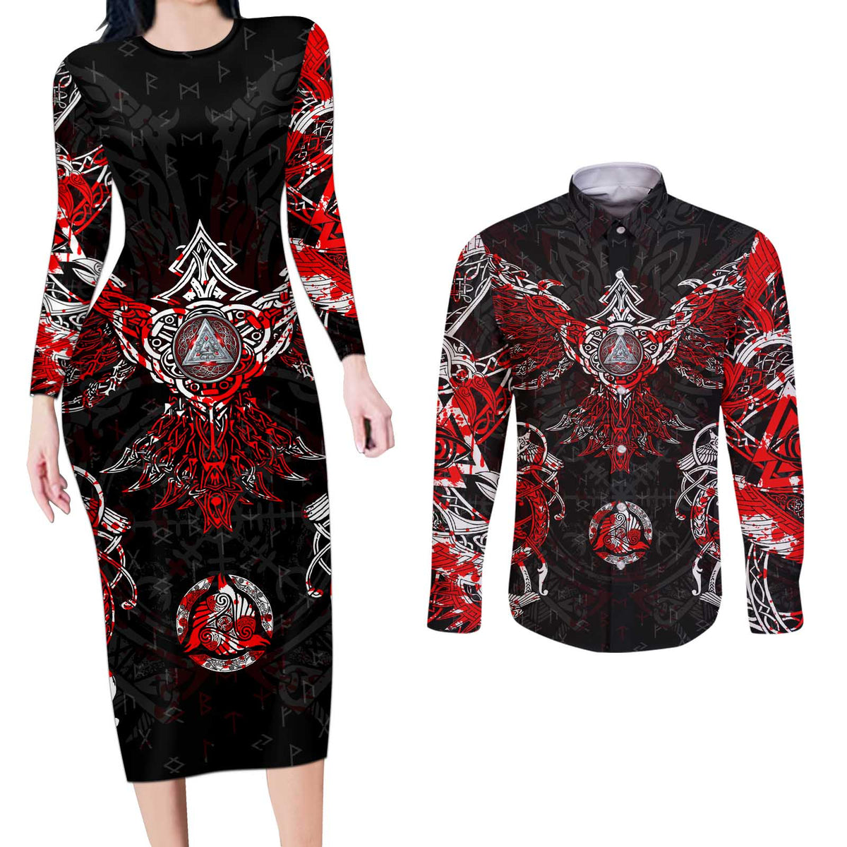 Raven And Norse Runes Couples Matching Long Sleeve Bodycon Dress and Long Sleeve Button Shirt Viking - Wonder Print Shop