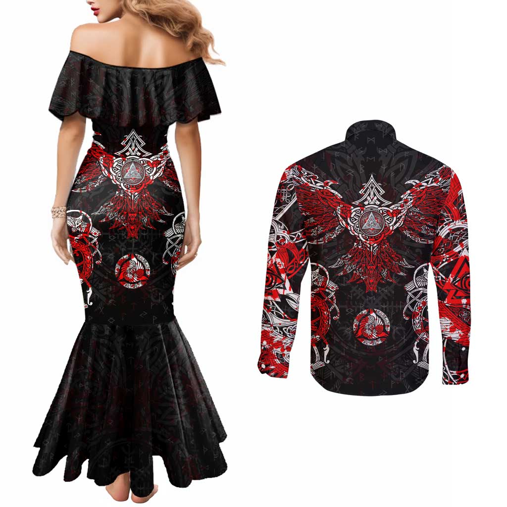 Raven And Norse Runes Couples Matching Mermaid Dress and Long Sleeve Button Shirt Viking