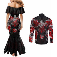 Raven And Norse Runes Couples Matching Mermaid Dress and Long Sleeve Button Shirt Viking