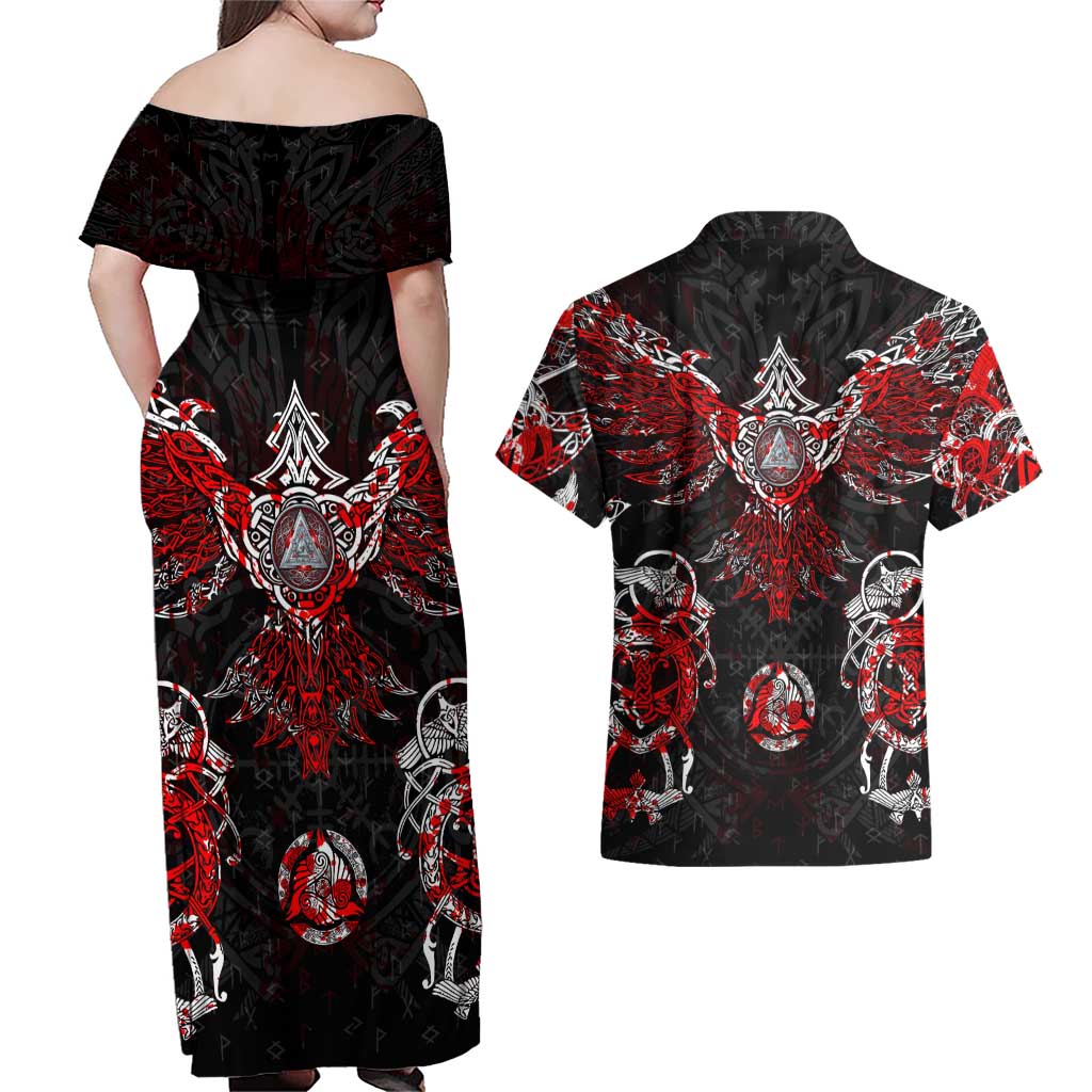 Raven And Norse Runes Couples Matching Off Shoulder Maxi Dress and Hawaiian Shirt Viking - Wonder Print Shop