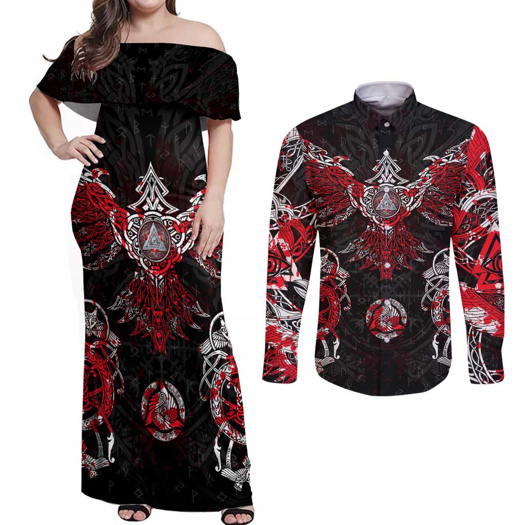 Raven And Norse Runes Couples Matching Off Shoulder Maxi Dress and Long Sleeve Button Shirt Viking - Wonder Print Shop