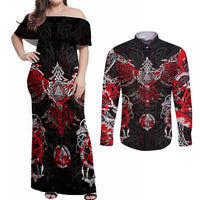 Raven And Norse Runes Couples Matching Off Shoulder Maxi Dress and Long Sleeve Button Shirt Viking - Wonder Print Shop
