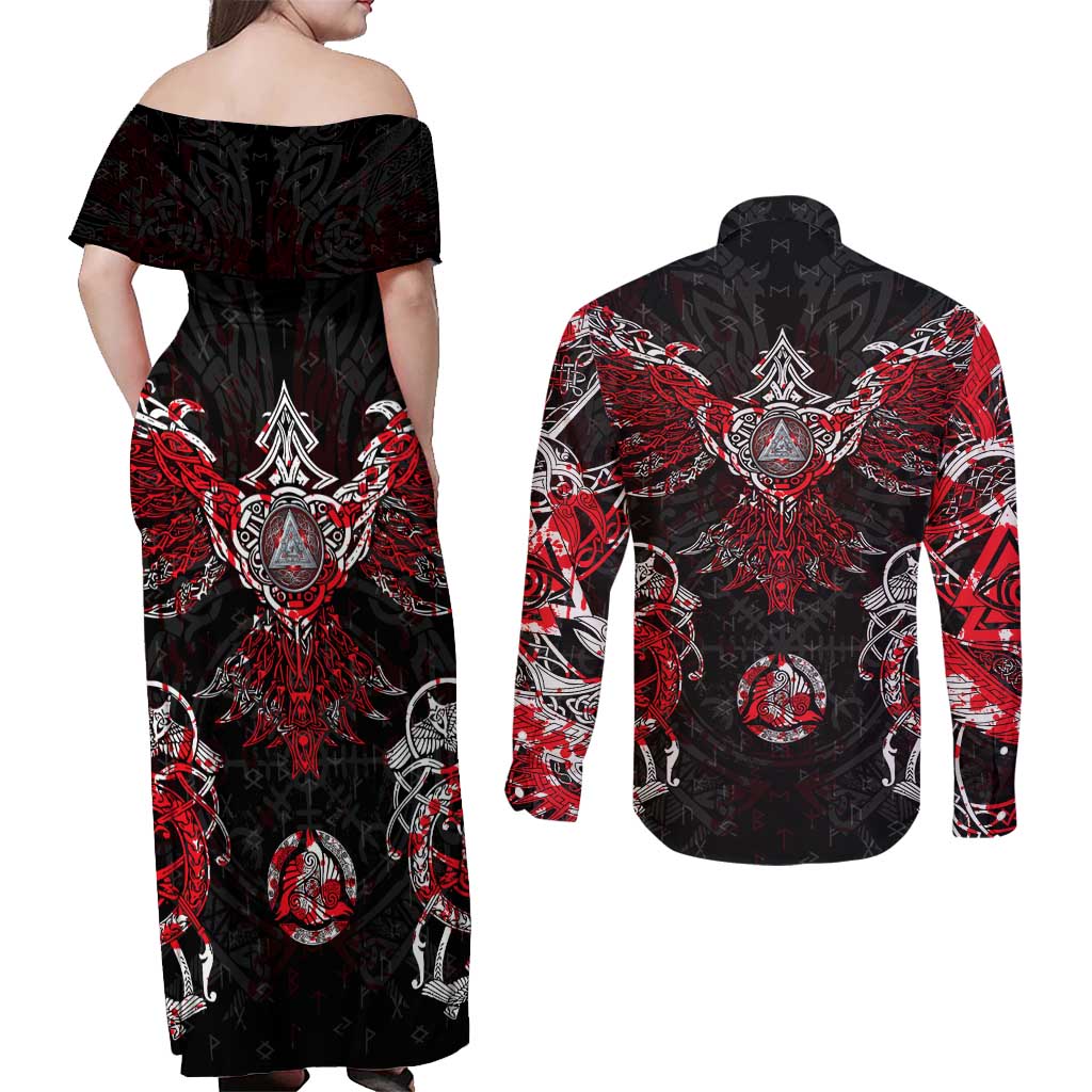 Raven And Norse Runes Couples Matching Off Shoulder Maxi Dress and Long Sleeve Button Shirt Viking - Wonder Print Shop