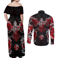 Raven And Norse Runes Couples Matching Off Shoulder Maxi Dress and Long Sleeve Button Shirt Viking - Wonder Print Shop