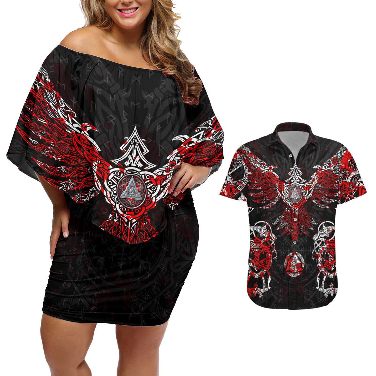 Raven And Norse Runes Couples Matching Off Shoulder Short Dress and Hawaiian Shirt Viking - Wonder Print Shop
