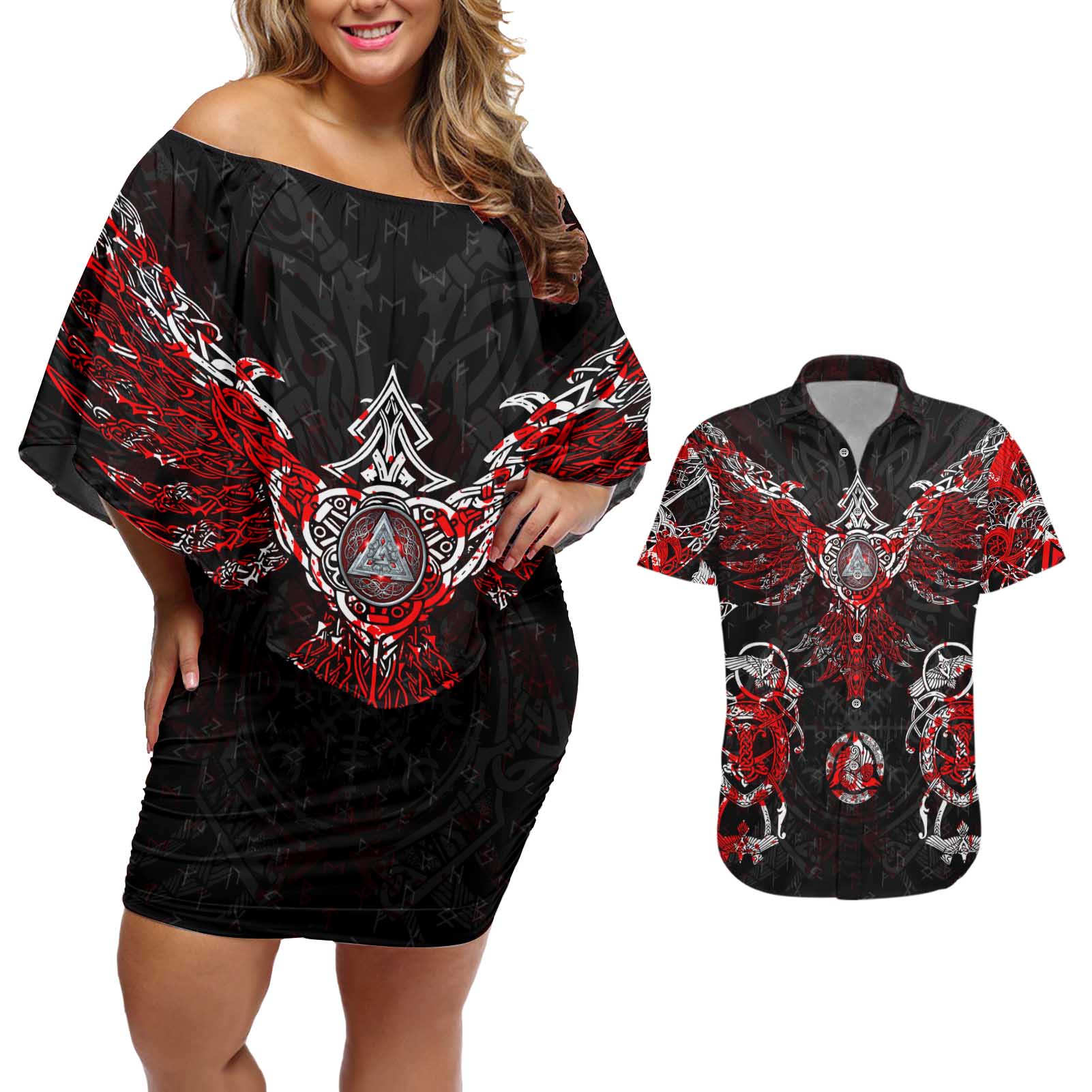 Raven And Norse Runes Couples Matching Off Shoulder Short Dress and Hawaiian Shirt Viking - Wonder Print Shop