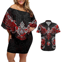 Raven And Norse Runes Couples Matching Off Shoulder Short Dress and Hawaiian Shirt Viking - Wonder Print Shop