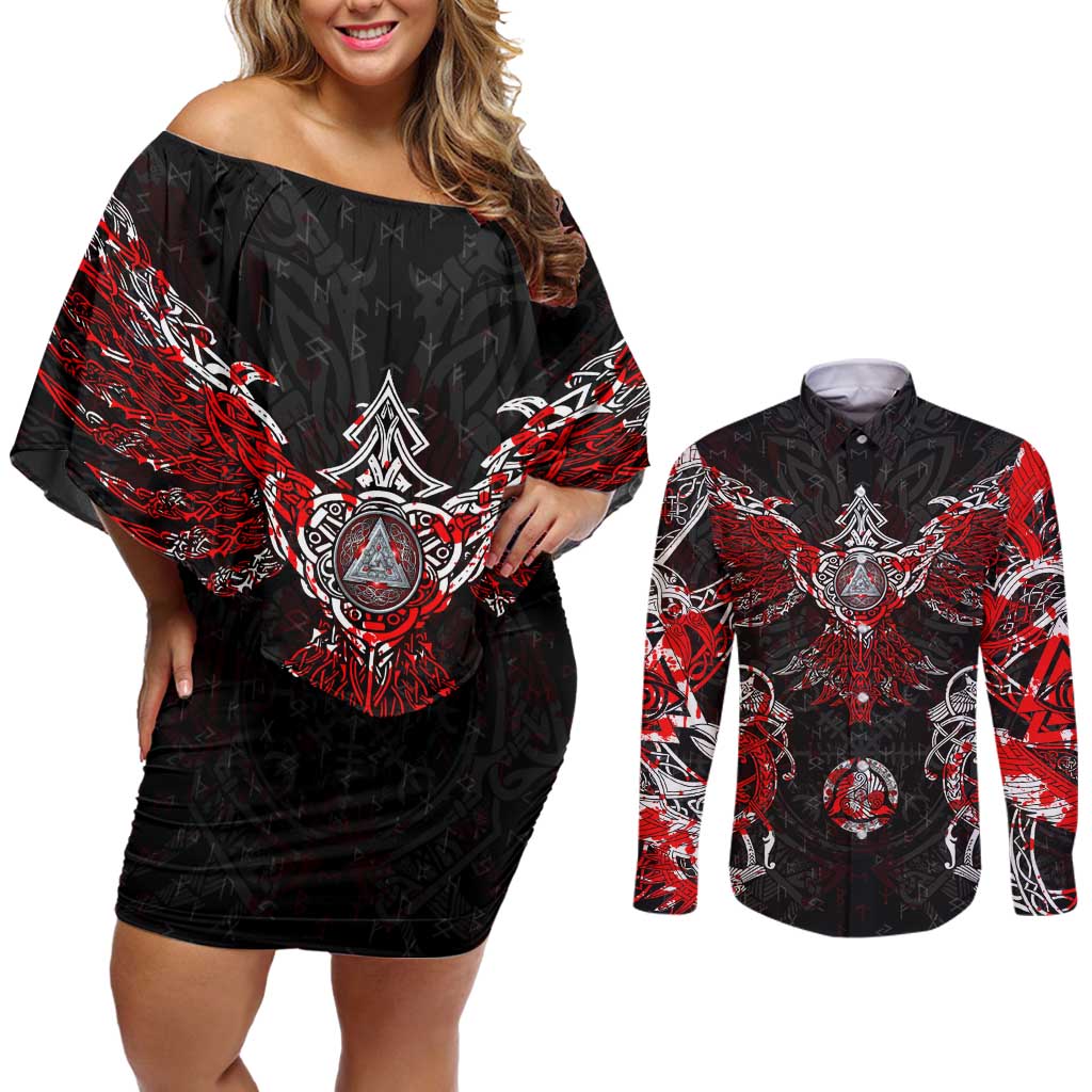 Raven And Norse Runes Couples Matching Off Shoulder Short Dress and Long Sleeve Button Shirt Viking - Wonder Print Shop