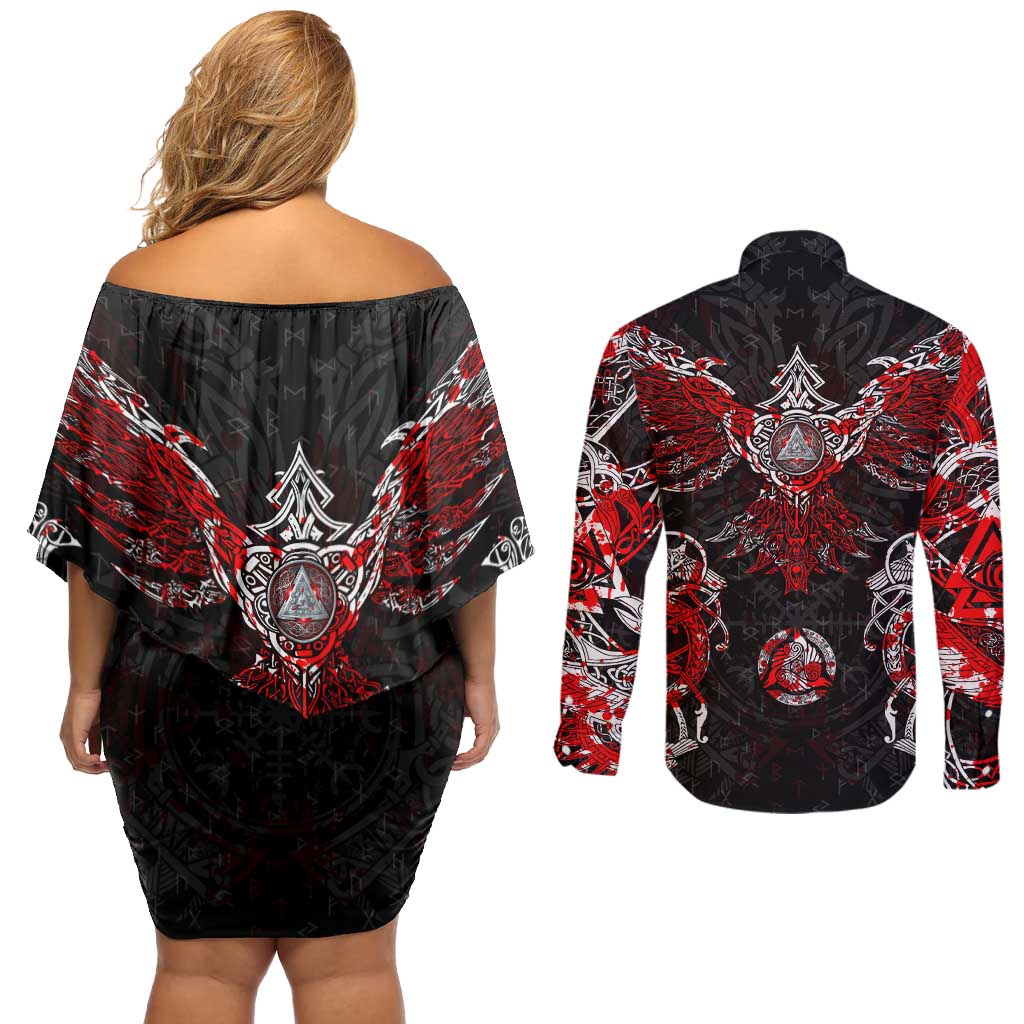 Raven And Norse Runes Couples Matching Off Shoulder Short Dress and Long Sleeve Button Shirt Viking - Wonder Print Shop
