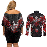 Raven And Norse Runes Couples Matching Off Shoulder Short Dress and Long Sleeve Button Shirt Viking - Wonder Print Shop