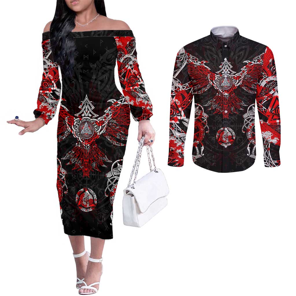 Raven And Norse Runes Couples Matching Off The Shoulder Long Sleeve Dress and Long Sleeve Button Shirt Viking