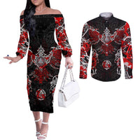 Raven And Norse Runes Couples Matching Off The Shoulder Long Sleeve Dress and Long Sleeve Button Shirt Viking