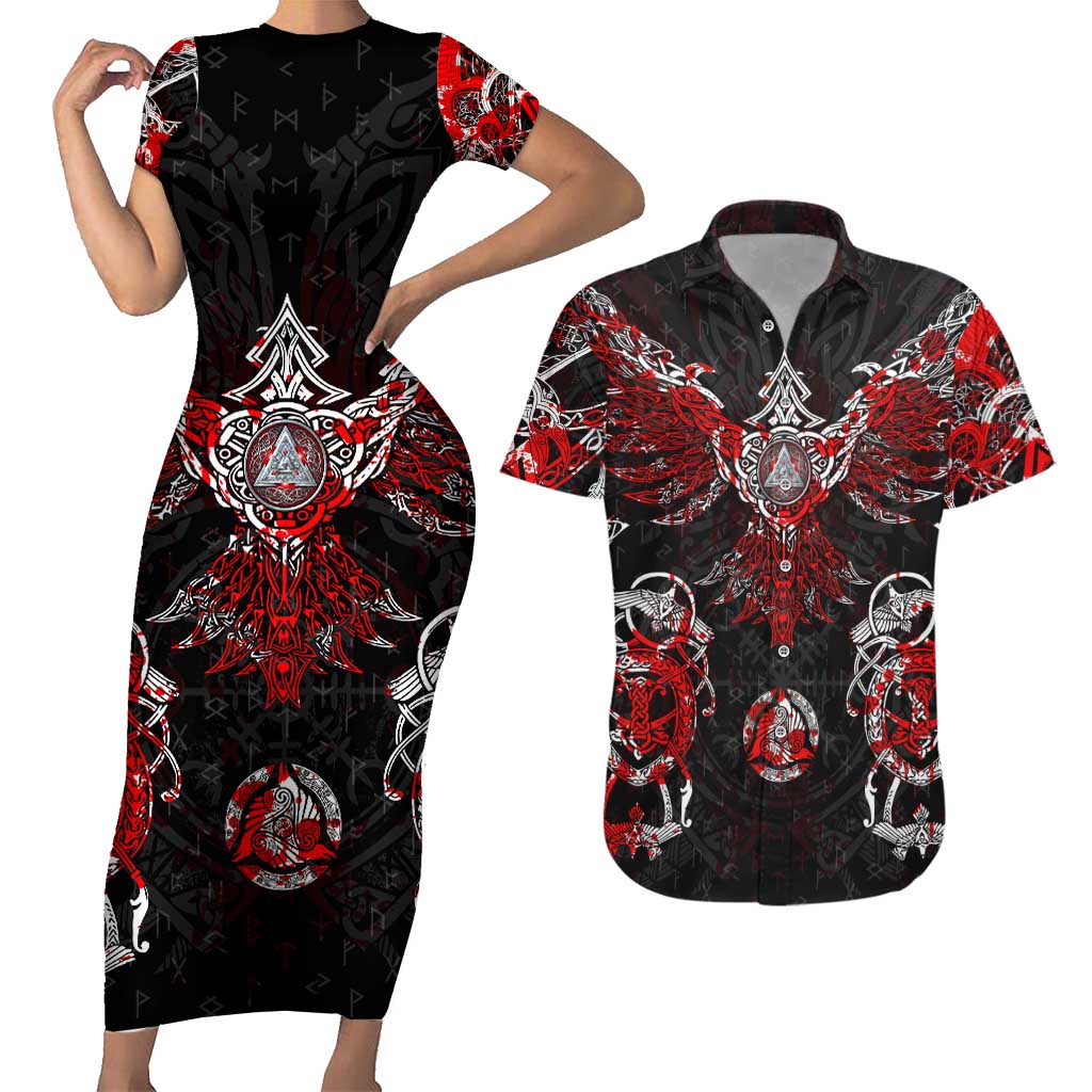 Raven And Norse Runes Couples Matching Short Sleeve Bodycon Dress and Hawaiian Shirt Viking - Wonder Print Shop