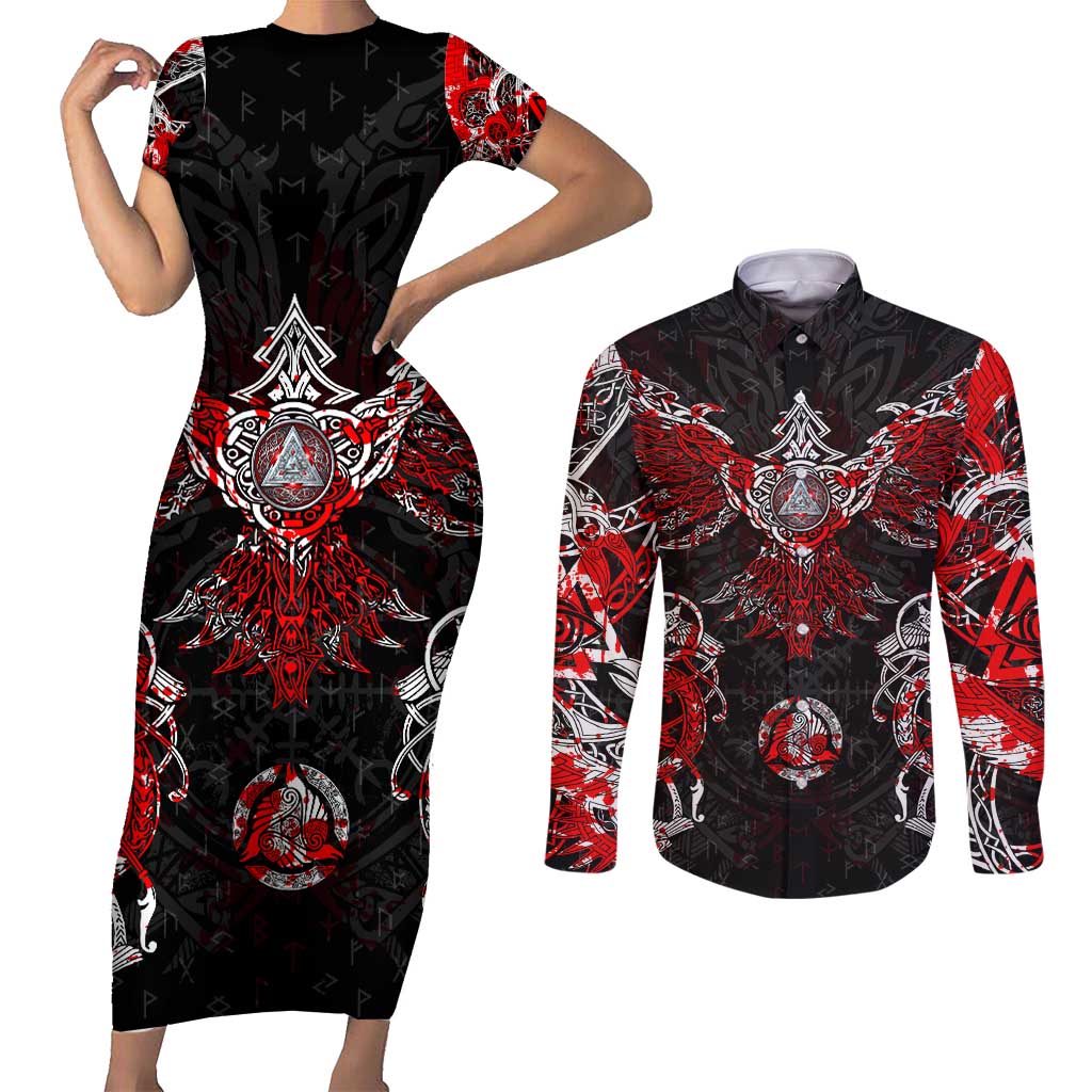 Raven And Norse Runes Couples Matching Short Sleeve Bodycon Dress and Long Sleeve Button Shirt Viking - Wonder Print Shop