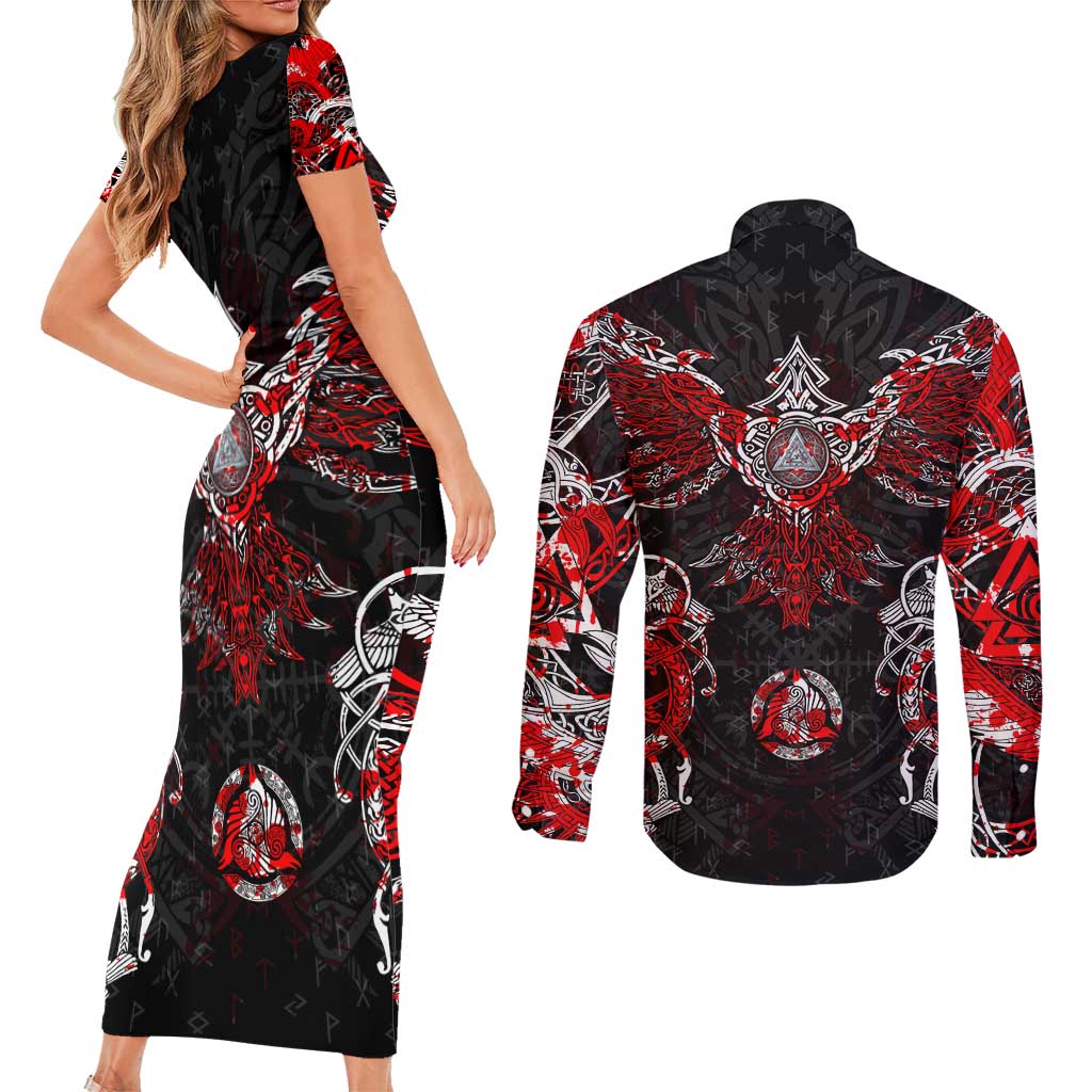 Raven And Norse Runes Couples Matching Short Sleeve Bodycon Dress and Long Sleeve Button Shirt Viking - Wonder Print Shop