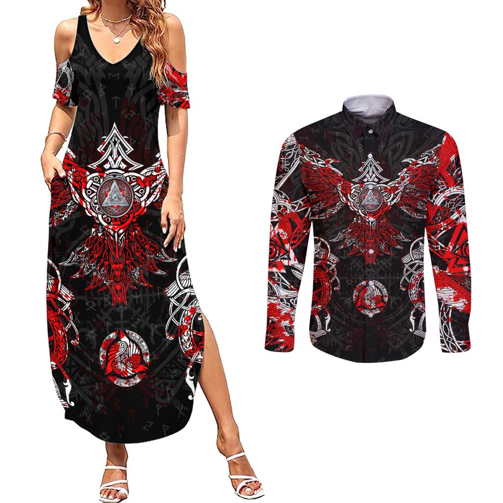 Raven And Norse Runes Couples Matching Summer Maxi Dress and Long Sleeve Button Shirt Viking - Wonder Print Shop
