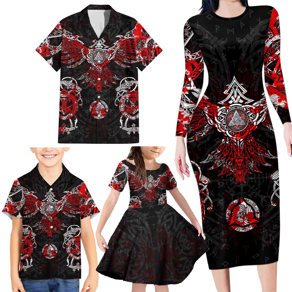 Raven And Norse Runes Family Matching Long Sleeve Bodycon Dress and Hawaiian Shirt Viking - Wonder Print Shop