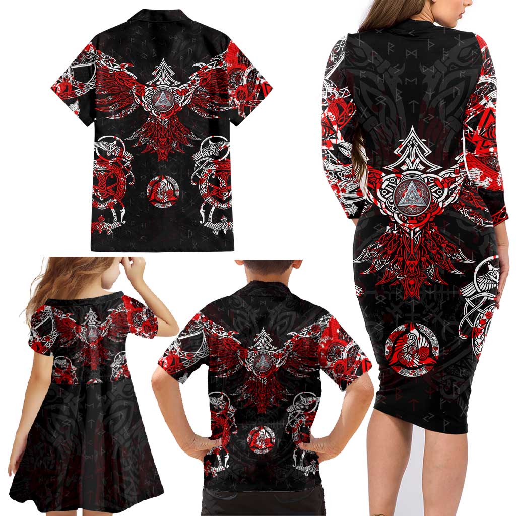 Raven And Norse Runes Family Matching Long Sleeve Bodycon Dress and Hawaiian Shirt Viking - Wonder Print Shop