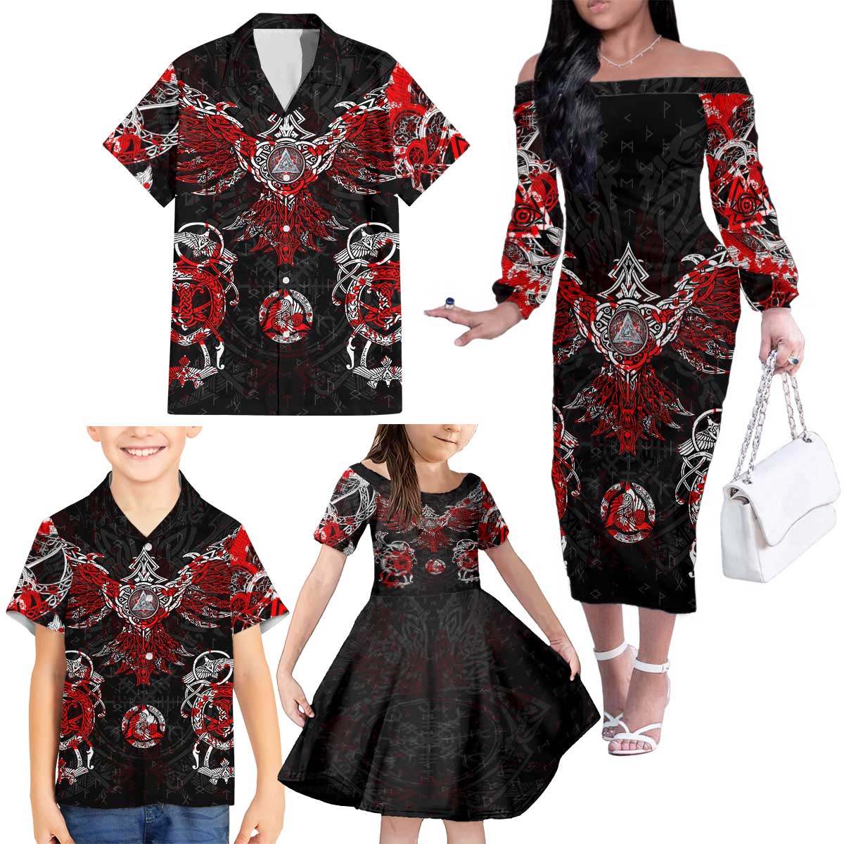 Raven And Norse Runes Family Matching Off The Shoulder Long Sleeve Dress and Hawaiian Shirt Viking - Wonder Print Shop