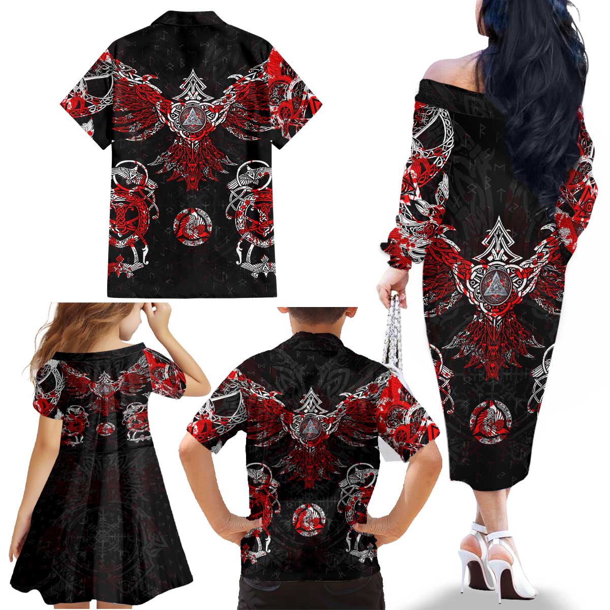 Raven And Norse Runes Family Matching Off The Shoulder Long Sleeve Dress and Hawaiian Shirt Viking - Wonder Print Shop