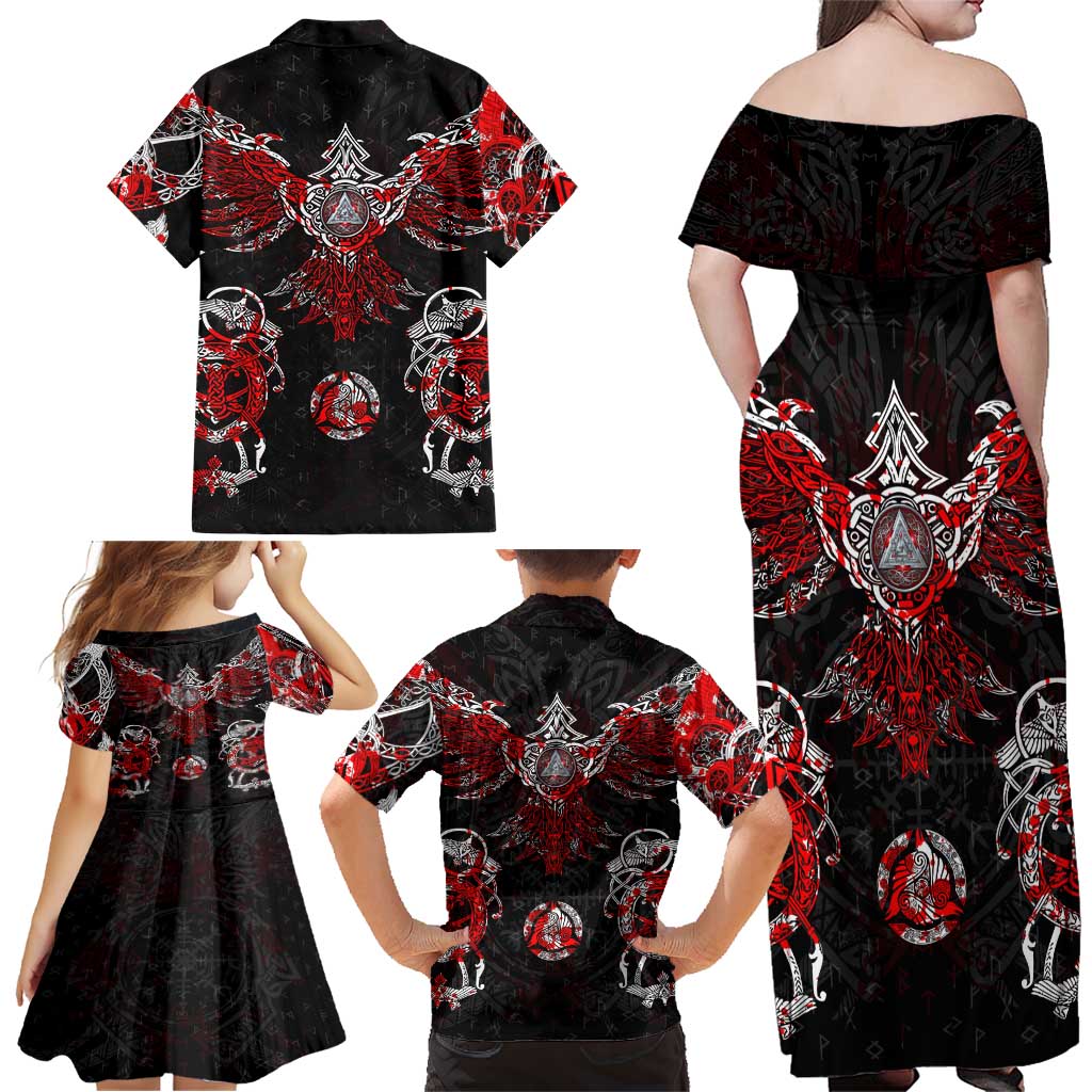 Raven And Norse Runes Family Matching Off Shoulder Maxi Dress and Hawaiian Shirt Viking - Wonder Print Shop
