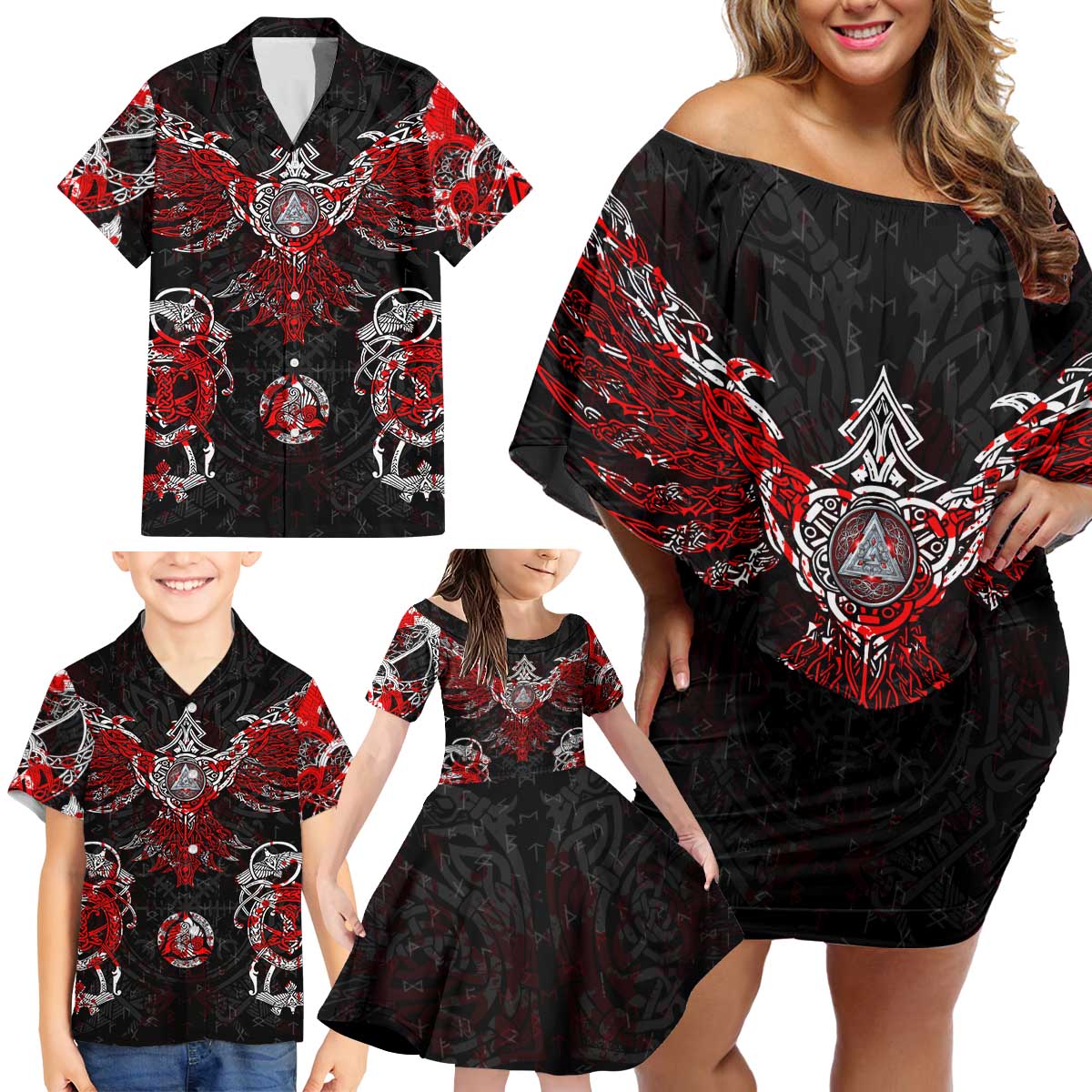 Raven And Norse Runes Family Matching Off Shoulder Short Dress and Hawaiian Shirt Viking - Wonder Print Shop