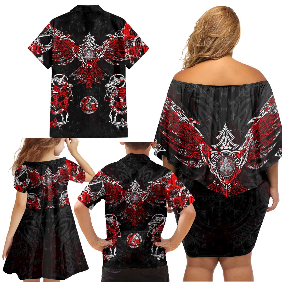 Raven And Norse Runes Family Matching Off Shoulder Short Dress and Hawaiian Shirt Viking - Wonder Print Shop
