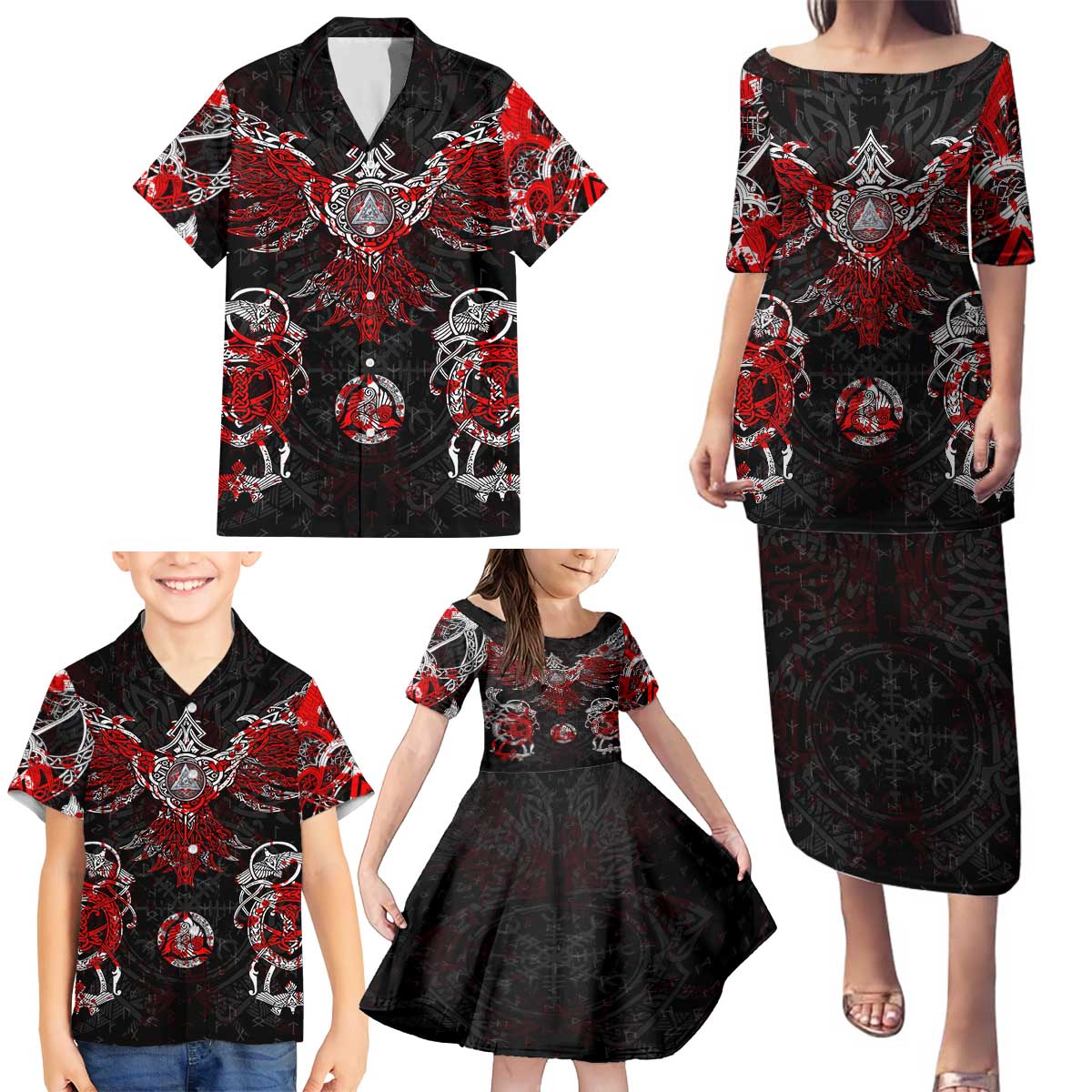 Raven And Norse Runes Family Matching Puletasi and Hawaiian Shirt Viking - Wonder Print Shop