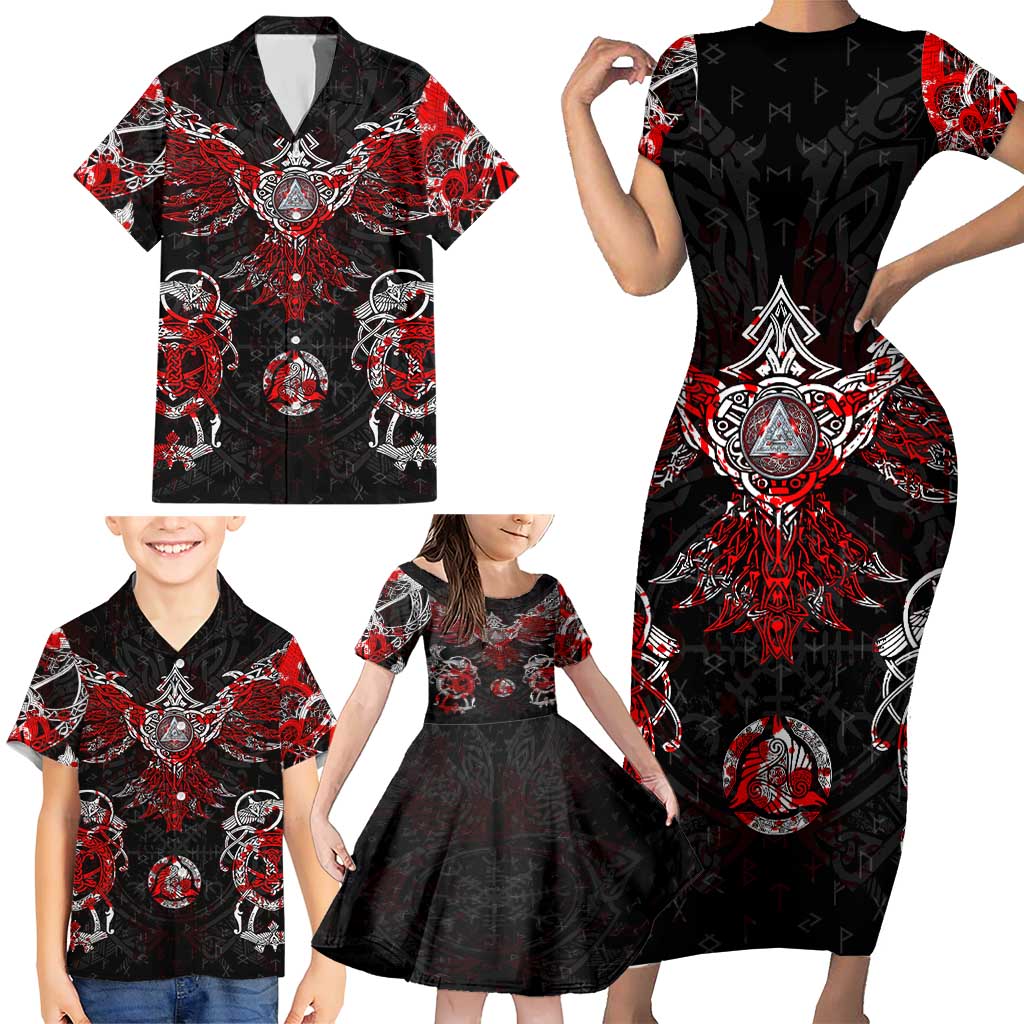 Raven And Norse Runes Family Matching Short Sleeve Bodycon Dress and Hawaiian Shirt Viking - Wonder Print Shop