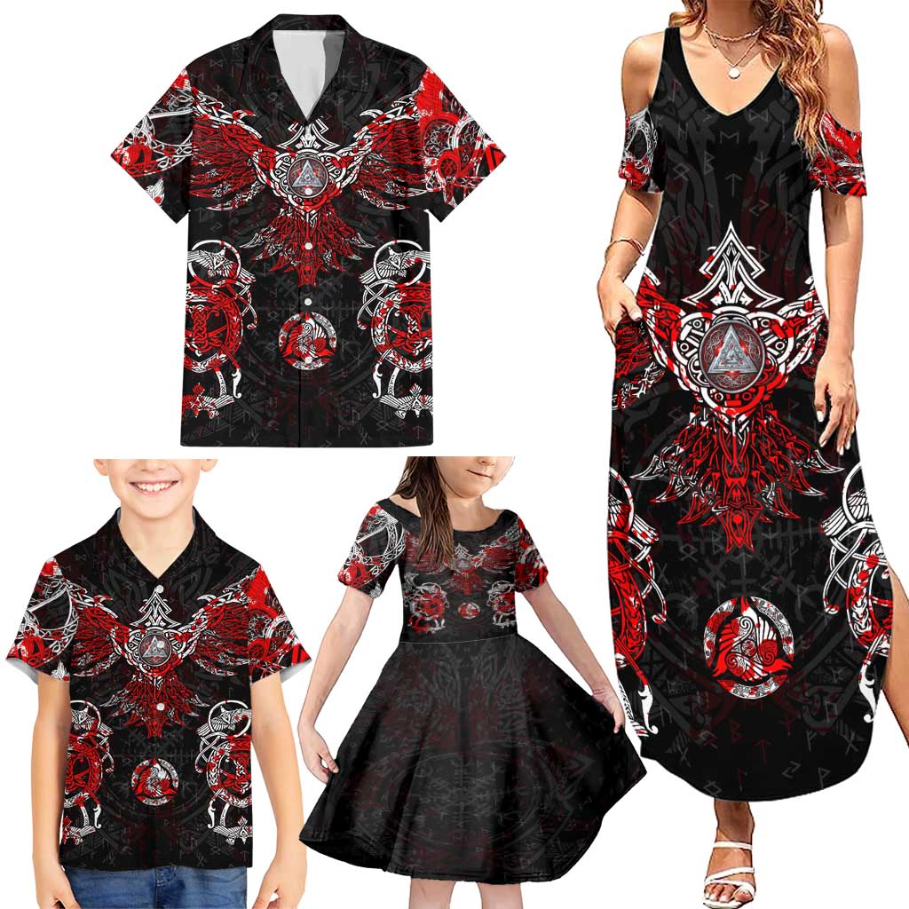 Raven And Norse Runes Family Matching Summer Maxi Dress and Hawaiian Shirt Viking - Wonder Print Shop