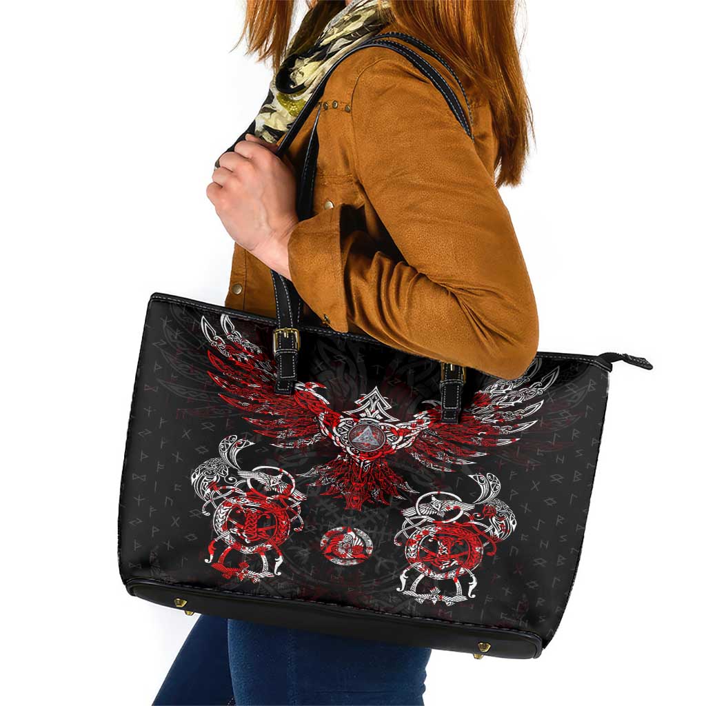 Raven And Norse Runes Leather Tote Bag Viking - Wonder Print Shop