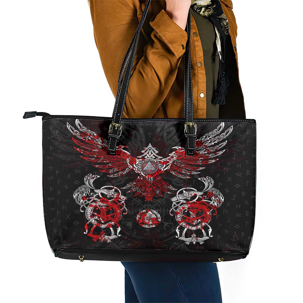Raven And Norse Runes Leather Tote Bag Viking - Wonder Print Shop