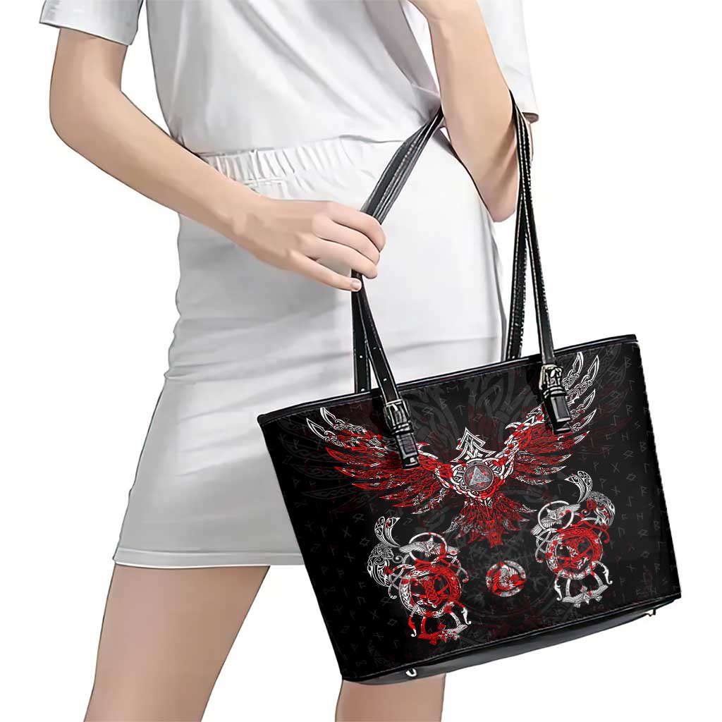 Raven And Norse Runes Leather Tote Bag Viking - Wonder Print Shop