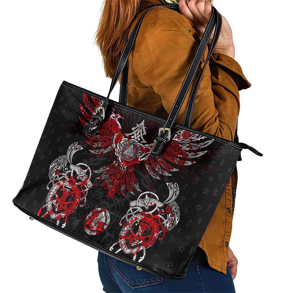Raven And Norse Runes Leather Tote Bag Viking - Wonder Print Shop