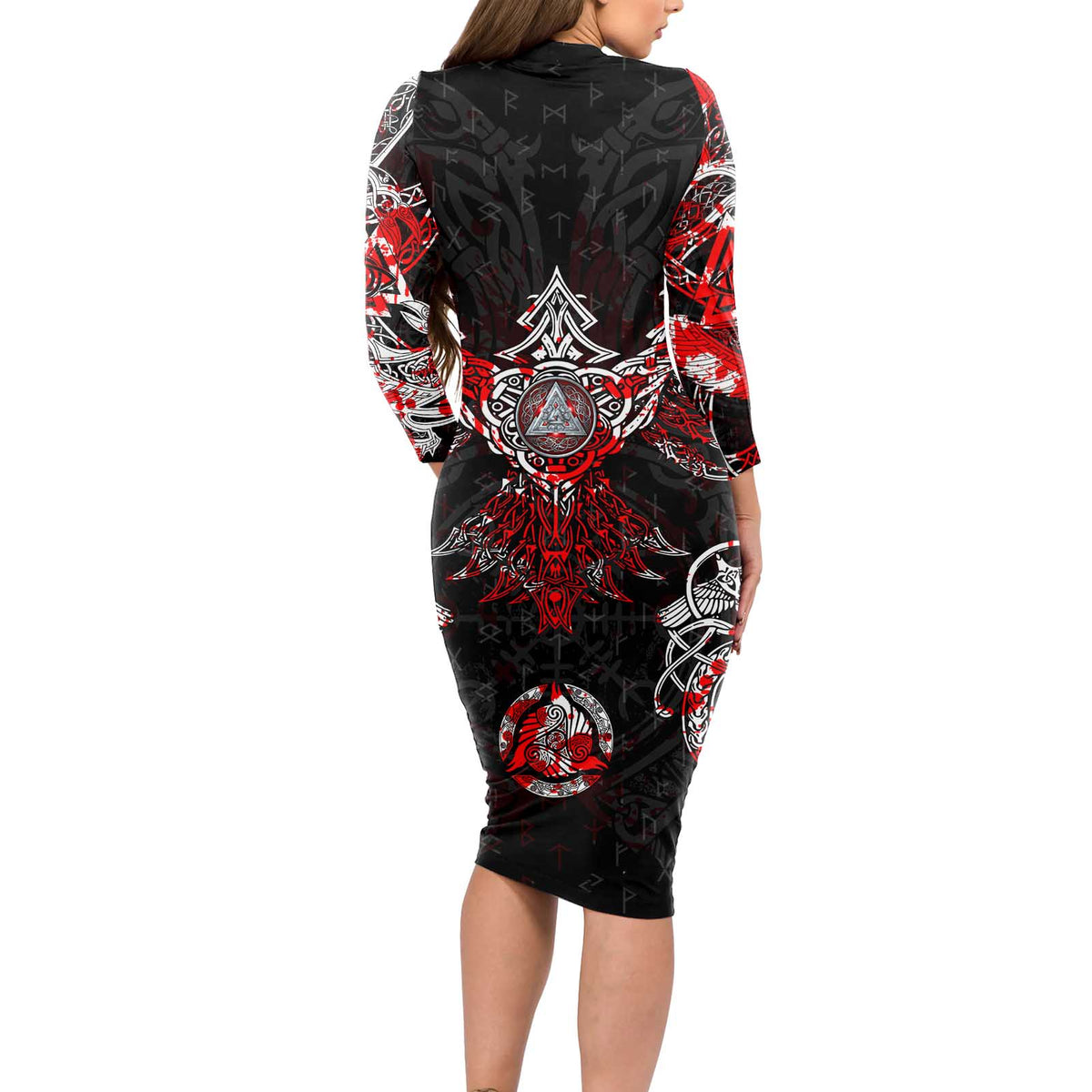 Raven And Norse Runes Long Sleeve Bodycon Dress Viking - Wonder Print Shop