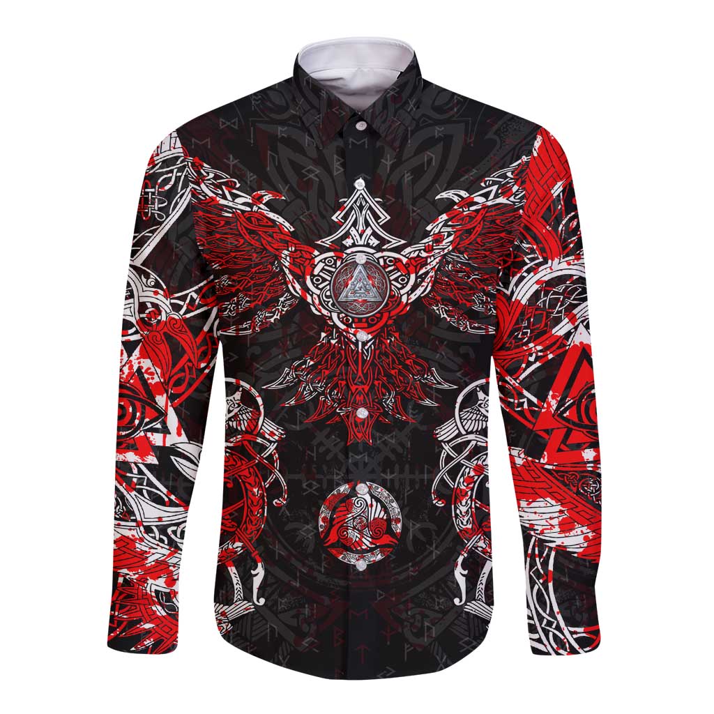 Raven And Norse Runes Long Sleeve Button Shirt Viking - Wonder Print Shop