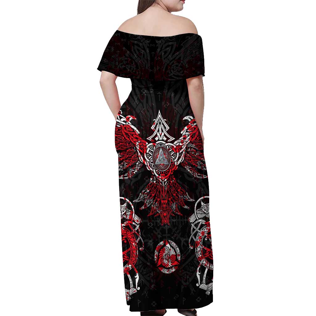 Raven And Norse Runes Off Shoulder Maxi Dress Viking - Wonder Print Shop