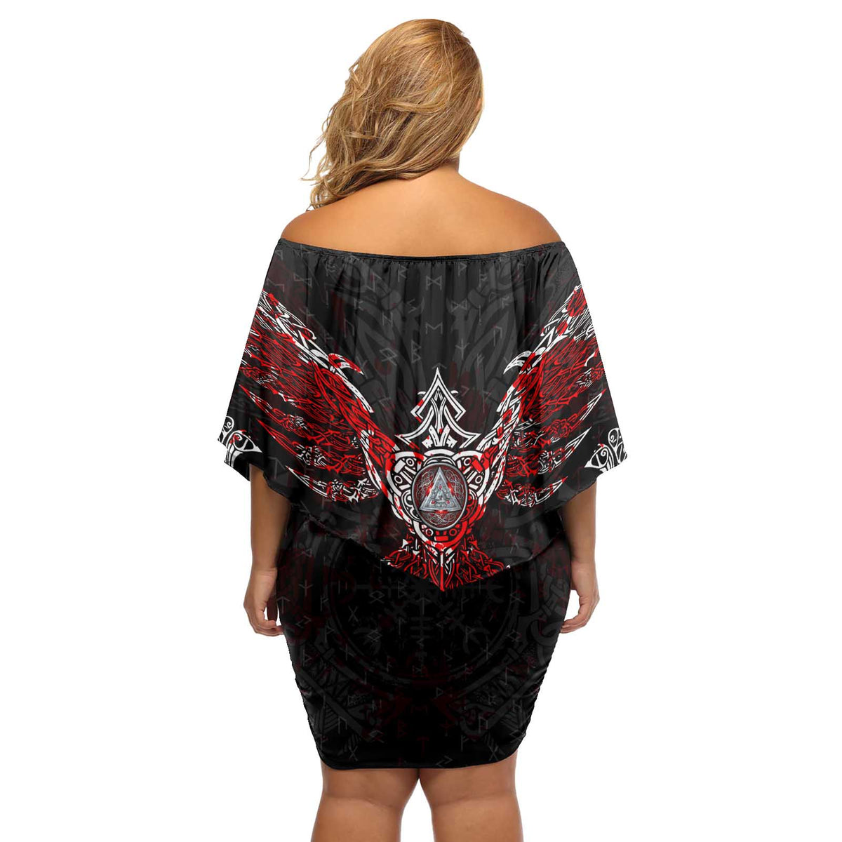 Raven And Norse Runes Off Shoulder Short Dress Viking - Wonder Print Shop